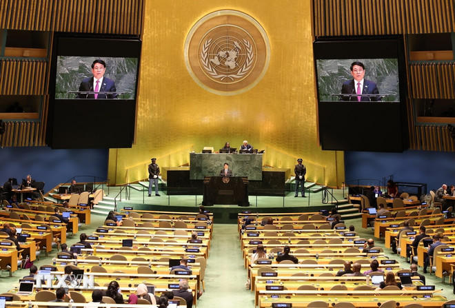  Chủ tịch nước Lương Cường phát biểu tại Phiên thảo luận chung cấp cao Đại hội đồng Liên hợp quốc khóa 80. (Ảnh: Lâm Khánh/TTXVN).