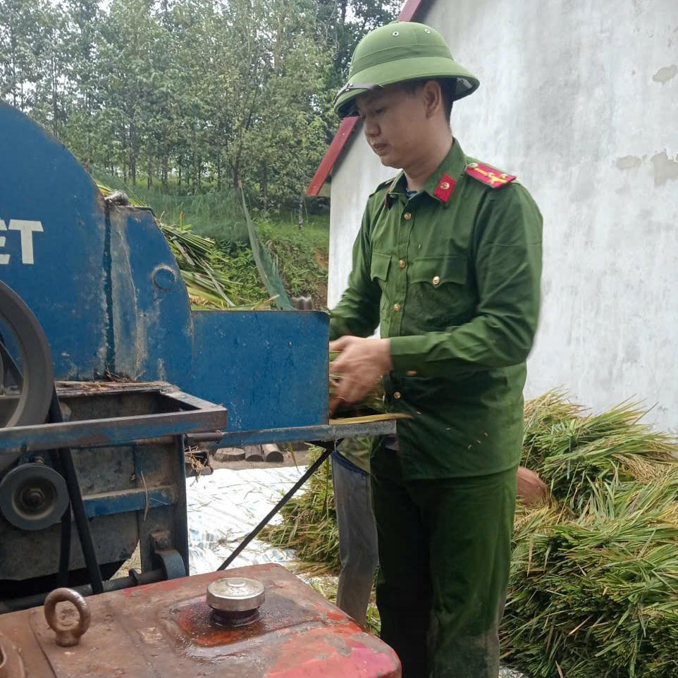 Cán bộ Công an xã Điền Quang trực tiếp đứng máy, đưa từng bó lúa vào vò đập. Ảnh: CAĐQ