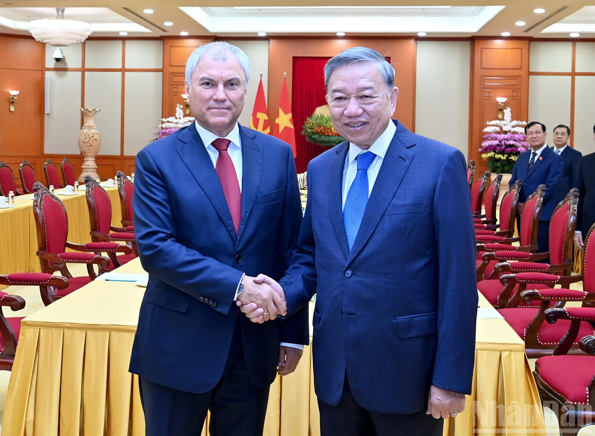 Tổng Bí thư Tô Lâm và Chủ tịch Duma Quốc gia Quốc hội Liên bang Nga﻿ Vyacheslav Volodin.