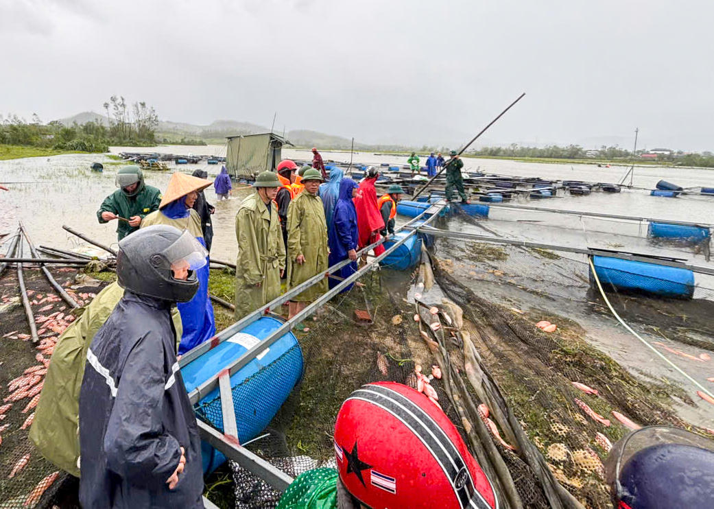 Mưa lớn kèm gió giật mạnh trong đêm khiến hồ nuôi của hộ ông Phạm Anh Tuấn bị sóng đánh tràn. 
