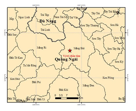 Vị trí tâm chấn động đất
3.6  độ richter ở xã Măng Bút. Ảnh: Viện
Các khoa học Trái đất.