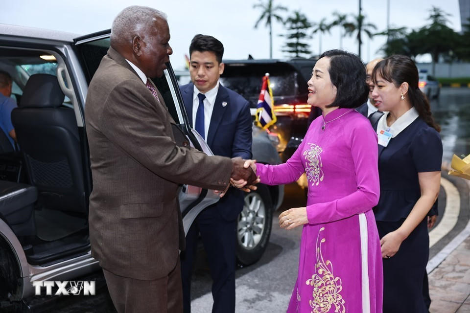 Phó Chủ tịch Quốc hội Nguyễn Thị Thanh đón Chủ tịch Quốc hội Cuba Esteban Lazo Hernández tại sân bay quốc tế Nội Bài. (Ảnh: Minh Đức/TTXVN)