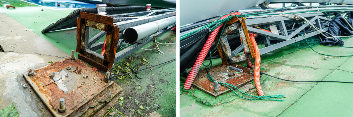 Hệ thống trụ cột tại sân Bằng Hữu bị bão quật gãy. Ảnh: Cẩm Kỳ