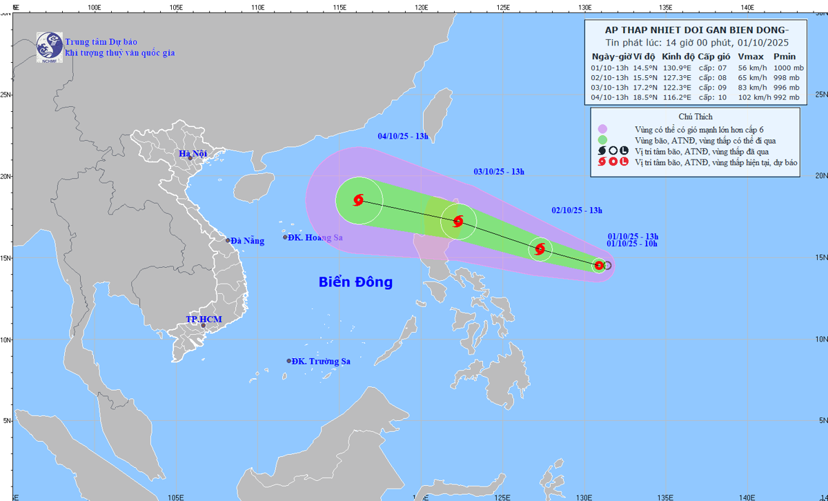 Áp thấp nhiệt đới gần biển Đông. Ảnh: KTTV