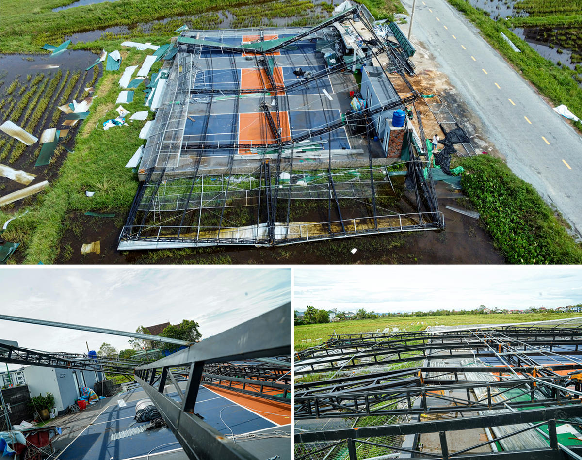 Tại đường Đông Lộ (phường Thành Sen), cụm sân Pickleball đầu tư hơn 1 tỉ đồng, gồm 3 sân trên diện tích khoảng 500 m², vừa được sửa chữa gần hoàn thiện sau bão số 5 thì nay lại bị bão số 10 đánh sập toàn bộ khung thép, mái tôn, nằm ngổn ngang giữa cánh đồng. Ảnh: Cẩm Kỳ