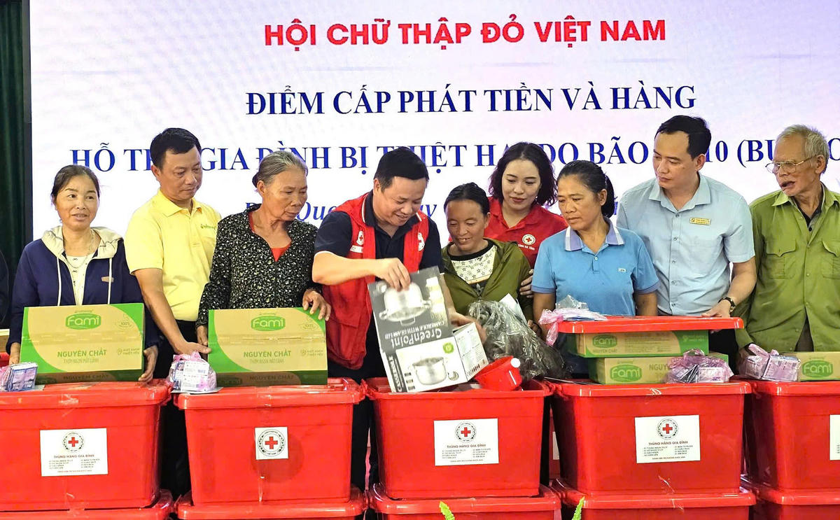 Đoàn công tác Trung ương Hội Chữ thập đỏ Việt Nam trao tiền và hàng cứu trợ cho các hộ gia đình bị thiệt hại do bão số 10 tại xã Đức Quang, tỉnh Hà Tĩnh. Ảnh: HCTĐ.