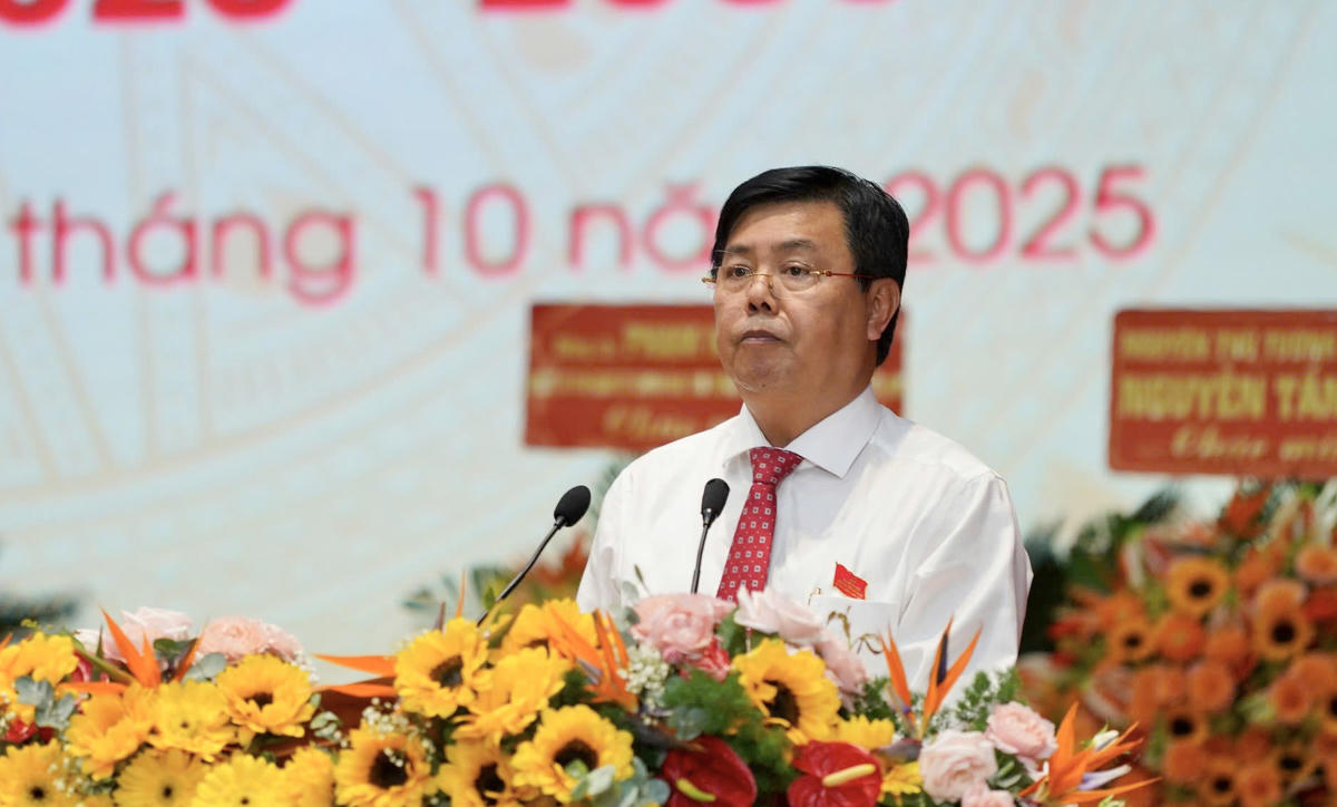 Ủy viên Ban Chấp hành Trung ương Đảng, Bí thư Tỉnh ủy An Giang Nguyễn Tiến Hải phát biểu tại Đại hội. (ảnh: BTC)