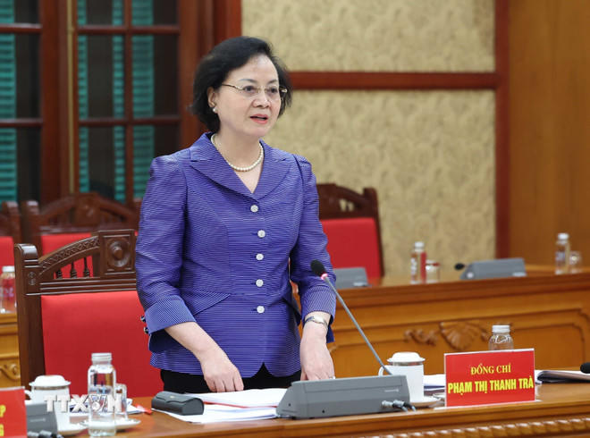 Ủy viên Trung ương Đảng, Phó Trưởng Ban Tổ chức Trung ương, Bộ trưởng Bộ Nội vụ Phạm Thị Thanh Trà phát biểu. (Ảnh: Thống Nhất/TTXVN).