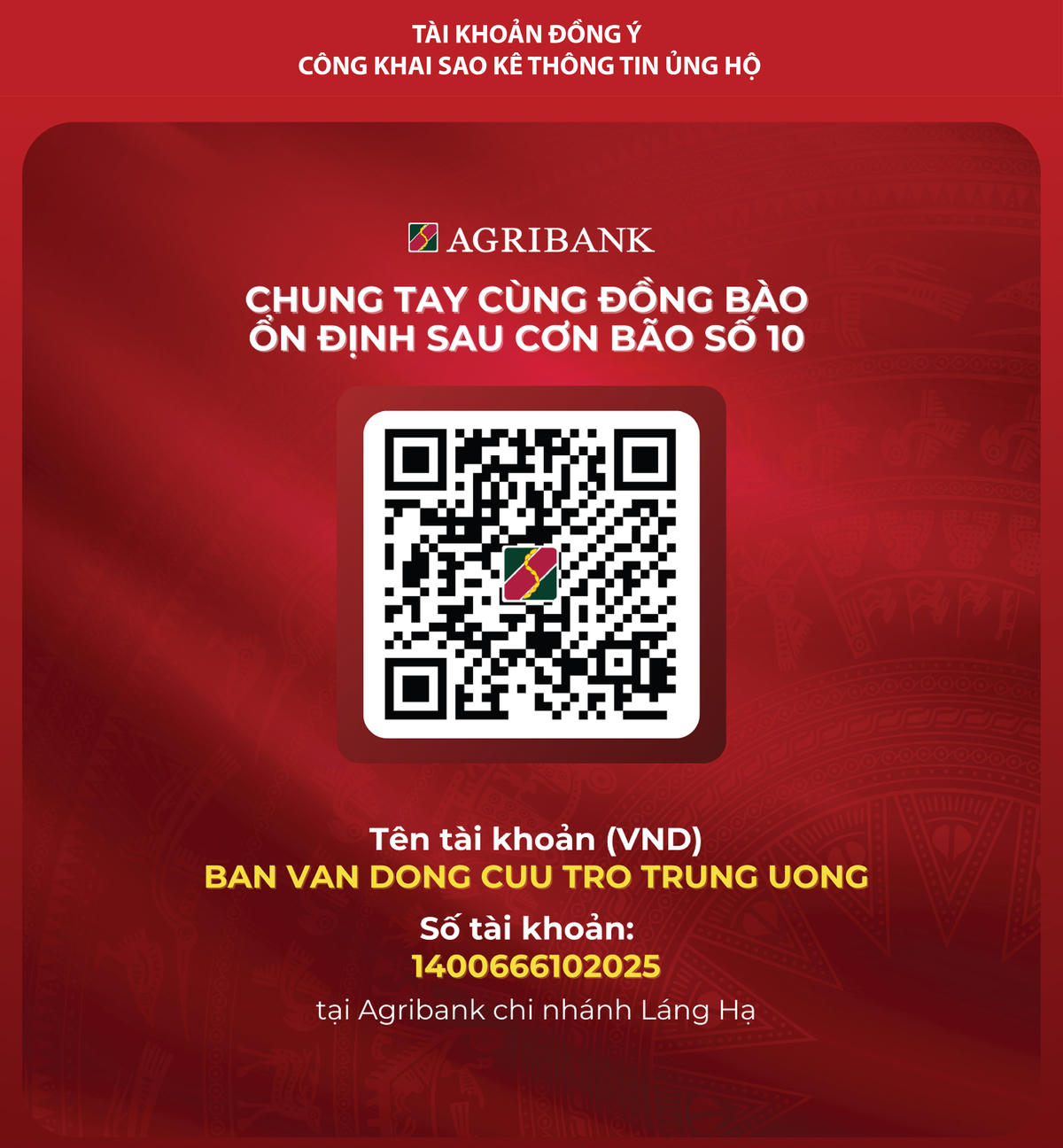 UBTƯ MTTQ Việt Nam thông tin số tài khoản tại Agribank tiếp nhận ủng hộ đồng bào chịu thiệt hại do bão số 10 
