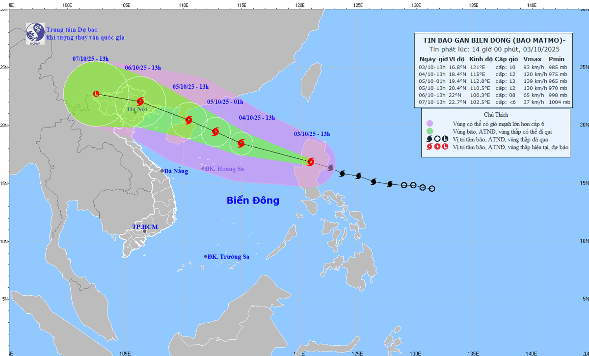 Dự báo hướng đi của bão MATMO. Ảnh: Trung tâm Dự báo Khí tượng Thủy văn Quốc gia