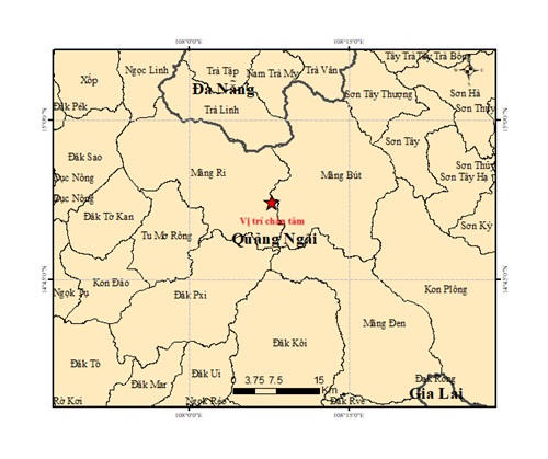 Vị trí tâm chấn động đất 4.9  độ Richter ở xã Măng Bút. Ảnh: Viện
Các khoa học Trái đất