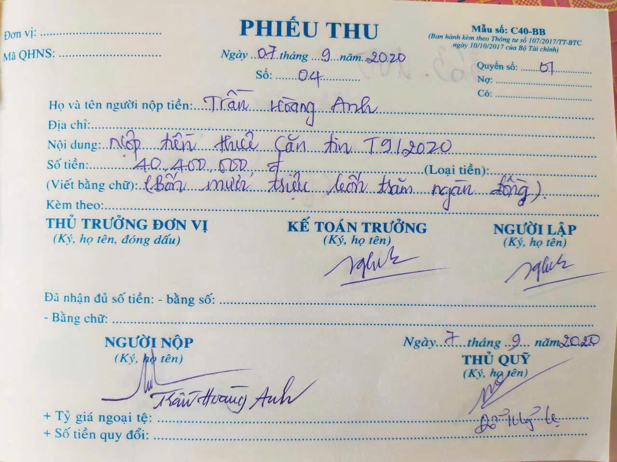 Bà Đỗ Mỹ Lẹ, Thủ quỹ trường lập phiếu thu tiền cho thuê căn-tin, nhà xe, hoa hồng từ dịch vụ tin nhắn Edu, đồng phục học sinh, bảo hiểm tai nạn chưa đúng nội dung chứng từ kế toán.