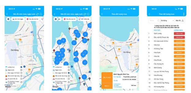 Tính năng cảnh báo mưa ngập thời gian thực trên ứng dụng Danang Smart City. Ảnh chụp màn hình.