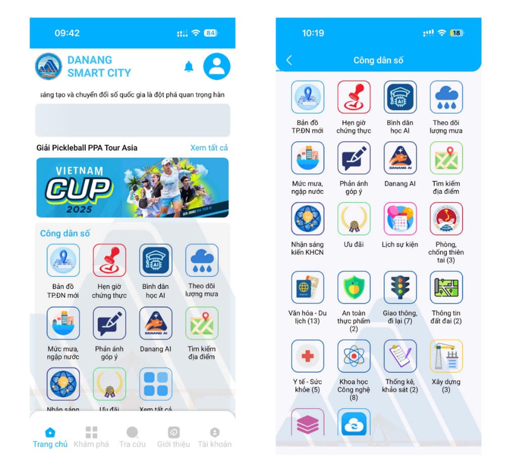 Giao diện ứng dụng Danang Smart City với nhiều tiện ích số phục vụ người dân. Ảnh chụp màn hình.