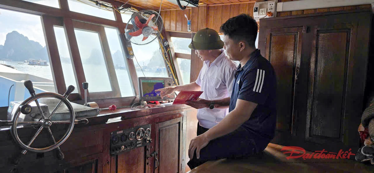 Lực lượng chức năng kiểm tra giấy phép và các thiết bị trên tàu cá. Ảnh: Nguyễn Quý.