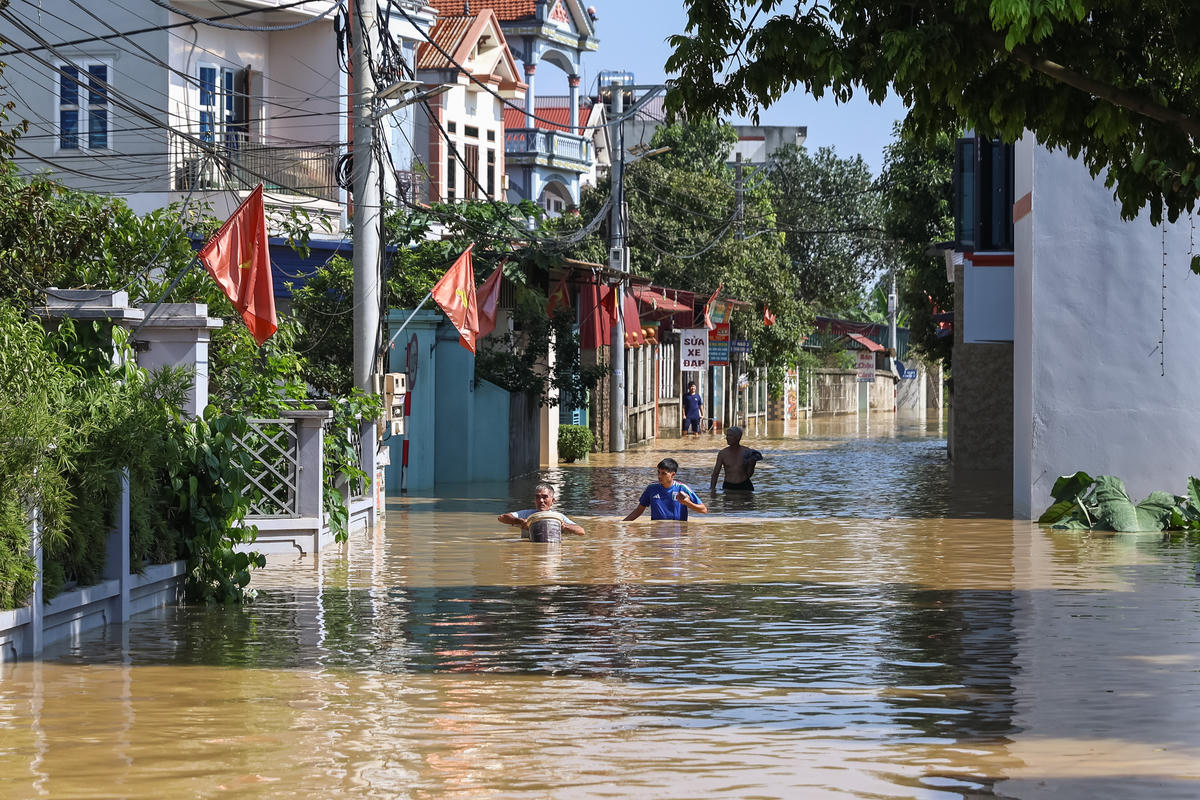 Ngoài Trung Giã, Đa Phúc, các xã Kim Anh, Nội Bài, Sóc Sơn, Tiến Thắng thuộc huyện Sóc Sơn cũ, cũng đang bị ngập ở vùng trũng, ven sông Cầu và hai nhánh sông này là Cà Lồ, Công. Hàng nghìn hộ dân đang bị ngập 0,5-1,5 m.. Ảnh: Quang Vinh.