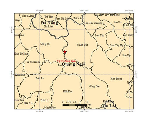 Vị trí tâm chấn động đất 4.2 độ richter ở xã Măng Bút. Ảnh: Viện Các khoa học Trái đất.