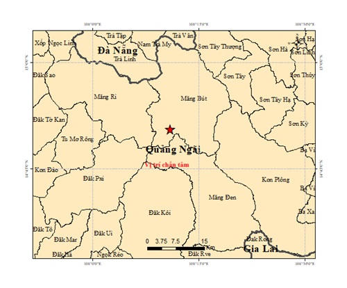 Vị trí tâm chấn động đất 3.8 độ richter ở xã Măng Bút. Ảnh: Viện Các khoa học Trái đất.