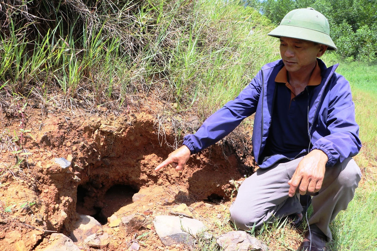 Người dân chỉ vị trí nước rò rỉ ở thân đập Phượng Hoàng, xã Đông Sơn (tỉnh Quảng Ngãi). 	Ảnh: Chí Đại