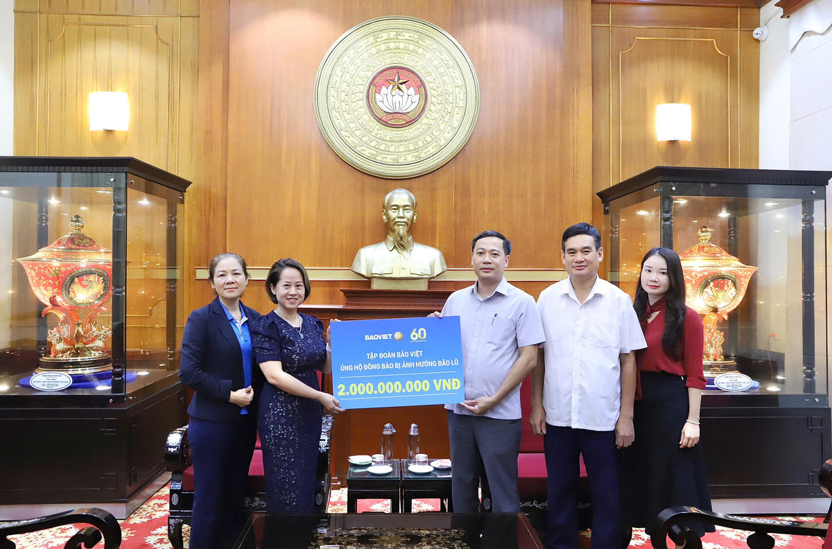 Tập đoàn Bảo Việt trao số tiền ủng hộ 2 tỷ đồng. Ảnh: M. Hiển