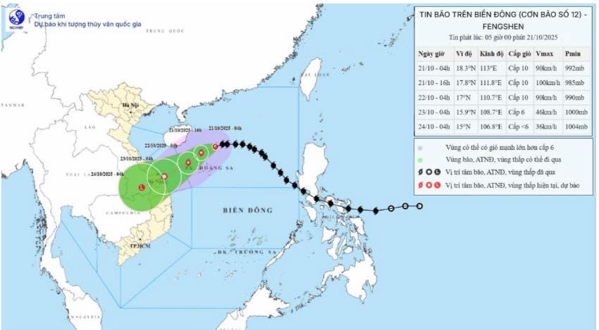 Hướng đi của bão số 12. Nguồn:&nbsp;Trung tâm Dự báo Khí tượng Thủy văn Quốc gia.