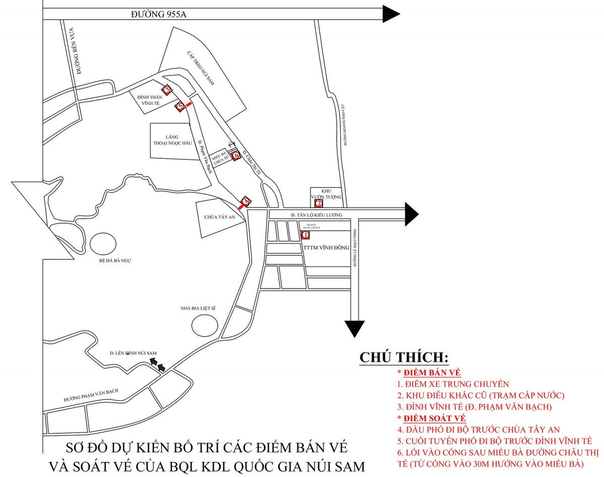 Sơ đồ dự kiến bố trí các điểm bán và soát vé tham quan di tích văn hóa, lịch sử trong Khu Du lịch quốc gia Núi Sam. Ảnh: BQL Khu Du lịch quốc gia Núi Sam. 