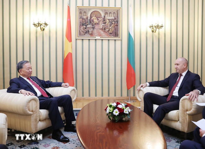 Tổng Bí thư Tô Lâm và Tổng thống Cộng hòa Bulgaria Rumen Radev hội đàm hẹp. (Ảnh: Thống Nhất/TTXVN)