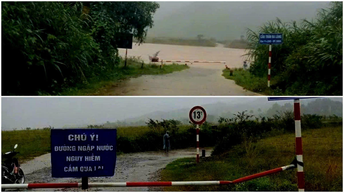 Chính quyền địa phương, lực lượng chức năng đặt biển cảnh báo ngập lụt. Ảnh: UB.