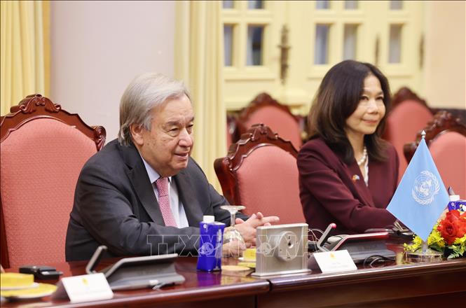 Tổng Thư ký Liên hợp quốc António Guterres phát biểu tại cuộc hội đàm với Chủ tịch nước Lương Cường.&nbsp;Ảnh: Lâm Khánh/TTXVN