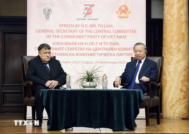 Tổng Bí thư Tô Lâm tại Đại học Sofia. (Ảnh: Thống Nhất/TTXVN)