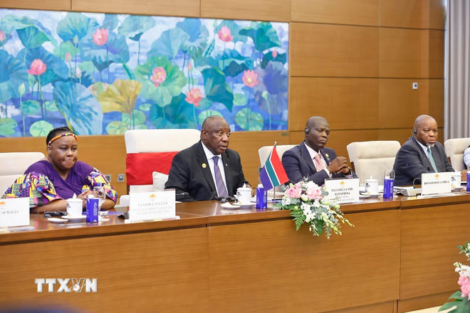 Tổng thống Cộng hòa Nam Phi Matamela Cyril Ramaphosa phát biểu. (Ảnh: Doãn Tấn/TTXVN)