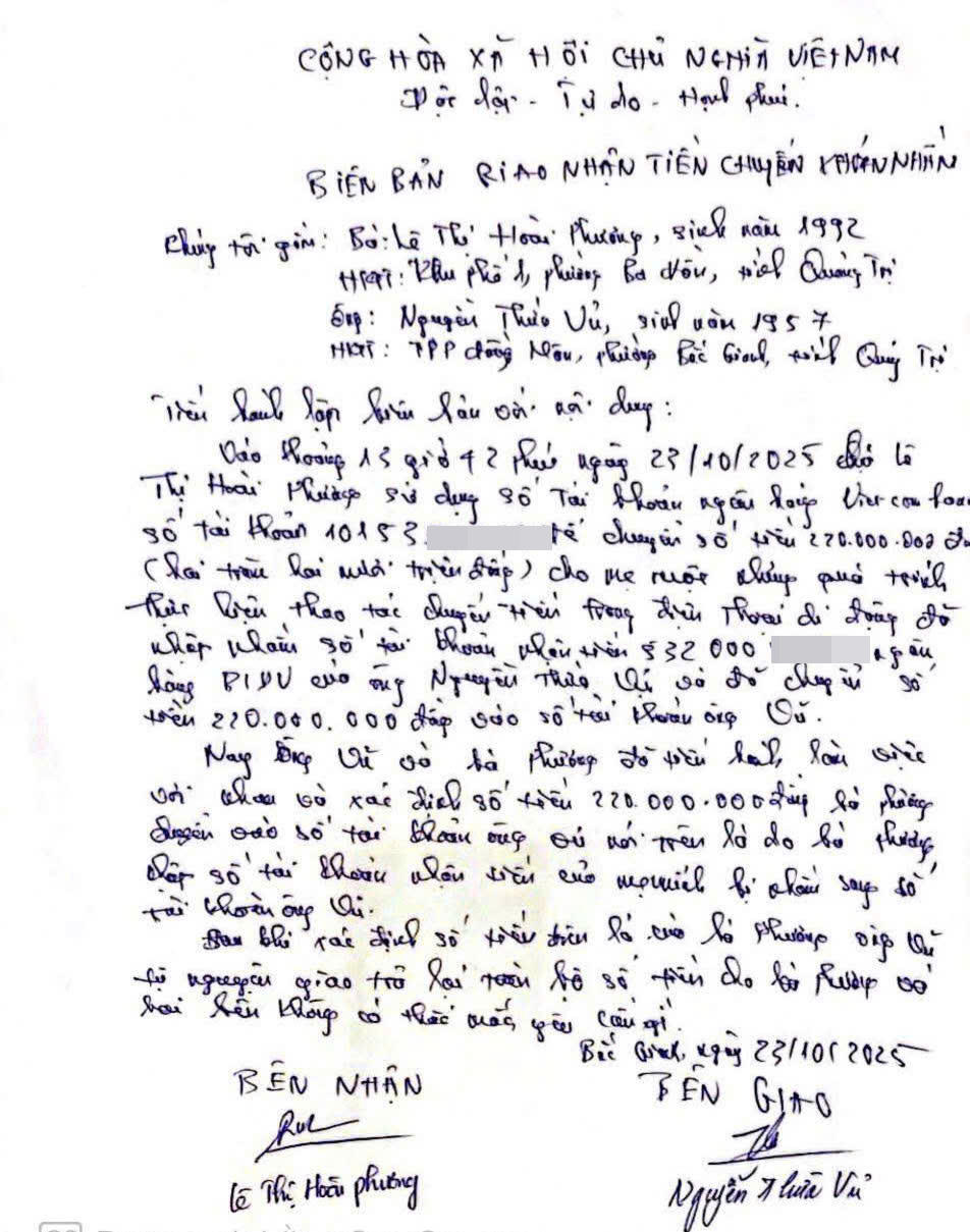 Biên bản hoàn trả lại toàn bộ số tiền 220 triệu đồng.