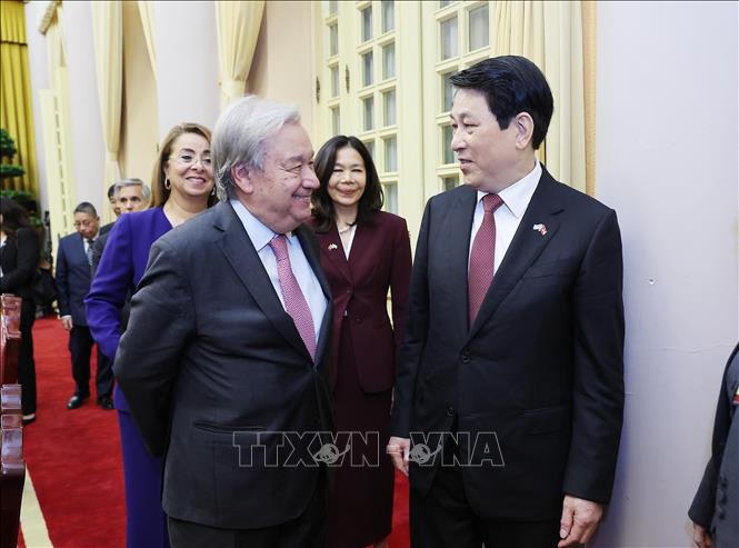 Chủ tịch nước Lương Cường với Tổng Thư ký Liên hợp quốc António Guterres sau hội đàm.&nbsp;Ảnh: Lâm Khánh/TTXVN