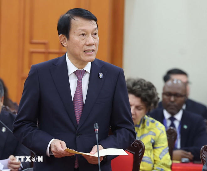 Đại tướng Lương Tam Quang, Ủy viên Bộ Chính trị, Bộ trưởng Bộ Công an phát biểu. (Ảnh: Thống Nhất/TTXVN)