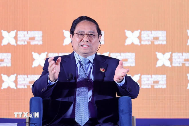 Thủ tướng Phạm Minh Chính tham dự Phiên Đối thoại Cấp cao tại Hội nghị Thượng đỉnh Kinh doanh và Đầu tư ASEAN (ABIS). (Ảnh: Dương Giang/TTXVN)