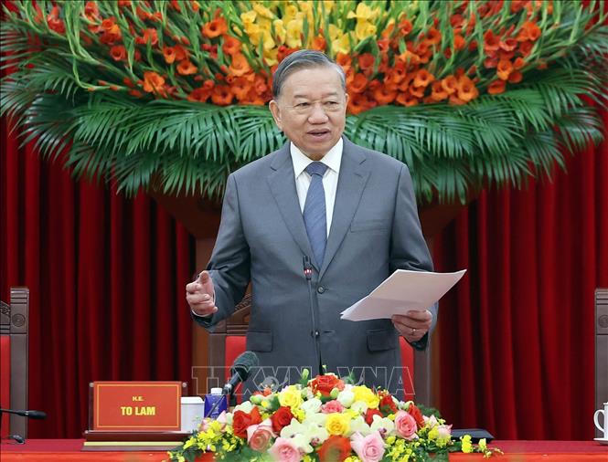 Tổng Bí thư Tô Lâm phát biểu tại buổi tiếp (Ảnh: Thống Nhất/TTXVN)