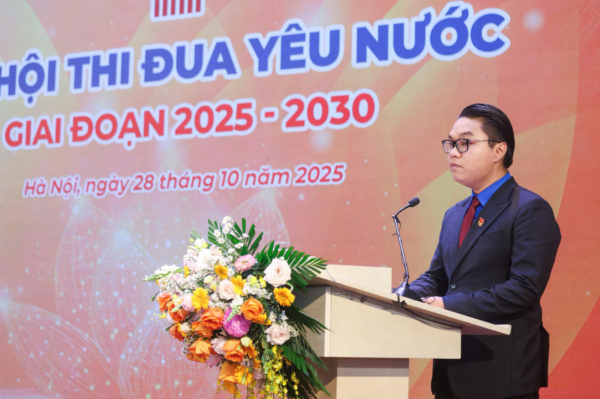 Ông Trần Minh Quang, Bí thư Đoàn Thanh niên Cơ quan UBTƯ MTTQ Việt Nam phát biểu tại Đại hội. Ảnh: Quang Vinh. 