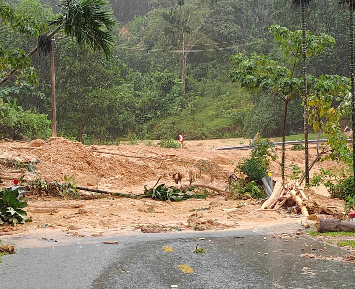 Nhiều đất đá tràn xuống mặt đường quốc lộ 40B, đoạn qua xã Trà Tân. Ảnh: CV.