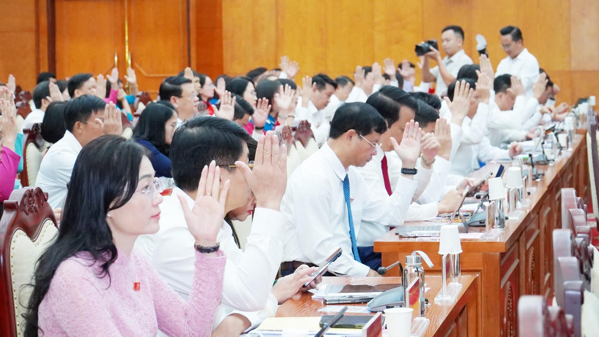 Các đại biểu giơ tay biểu quyết tại kỳ họp. Ảnh: TT Thông tin Thái Nguyên.