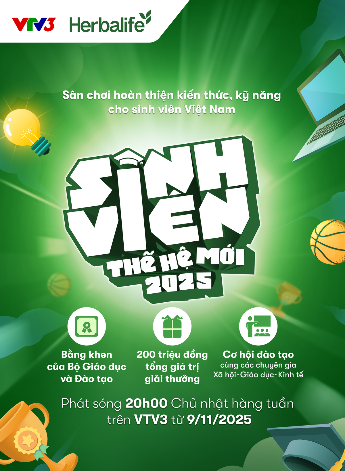 Chương trình Sinh viên thế hệ mới 2025 phát sóng vào 20h00 Chủ nhật hàng tuần từ ngày 9/11/2025 trên kênh VTV3.