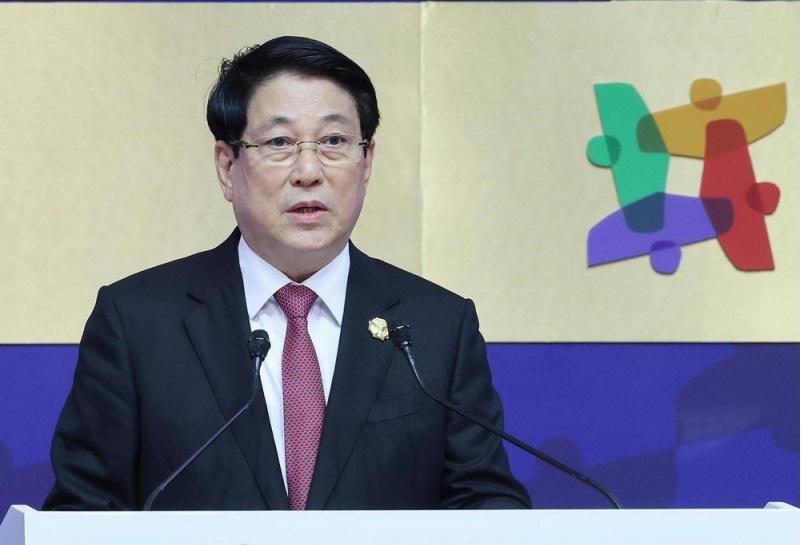 Chủ tịch nước Lương Cường phát biểu tại Hội nghị Thượng đỉnh Doanh nghiệp APEC 2025. Ảnh: Lâm Khánh/TTXVN