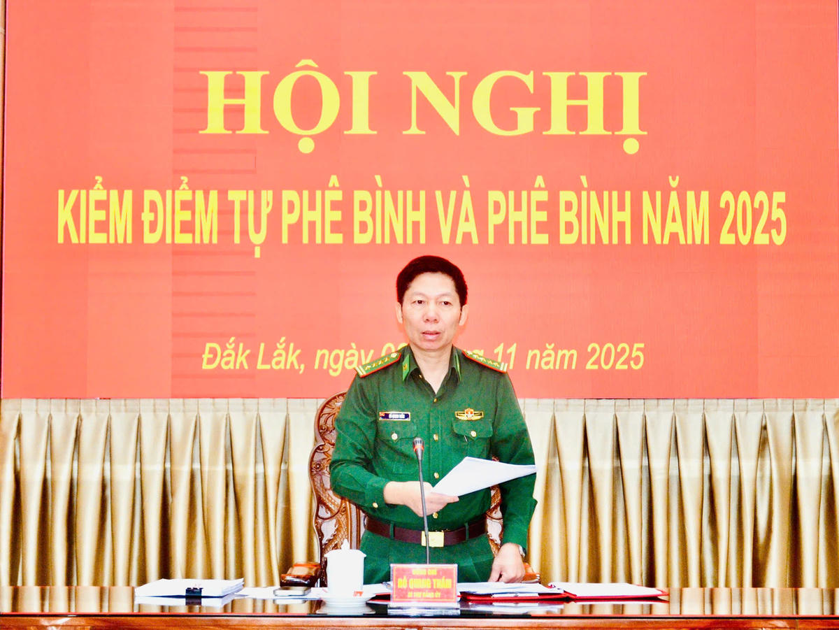 Đại tá Đỗ Quang Thấm, Bí thư Đảng ủy, Phó Chính ủy Bộ Chỉ huy Quân sự tỉnh, kiêm Chính ủy Ban Chỉ huy BĐBP tỉnh phát biểu. Ảnh: Dân Quân.