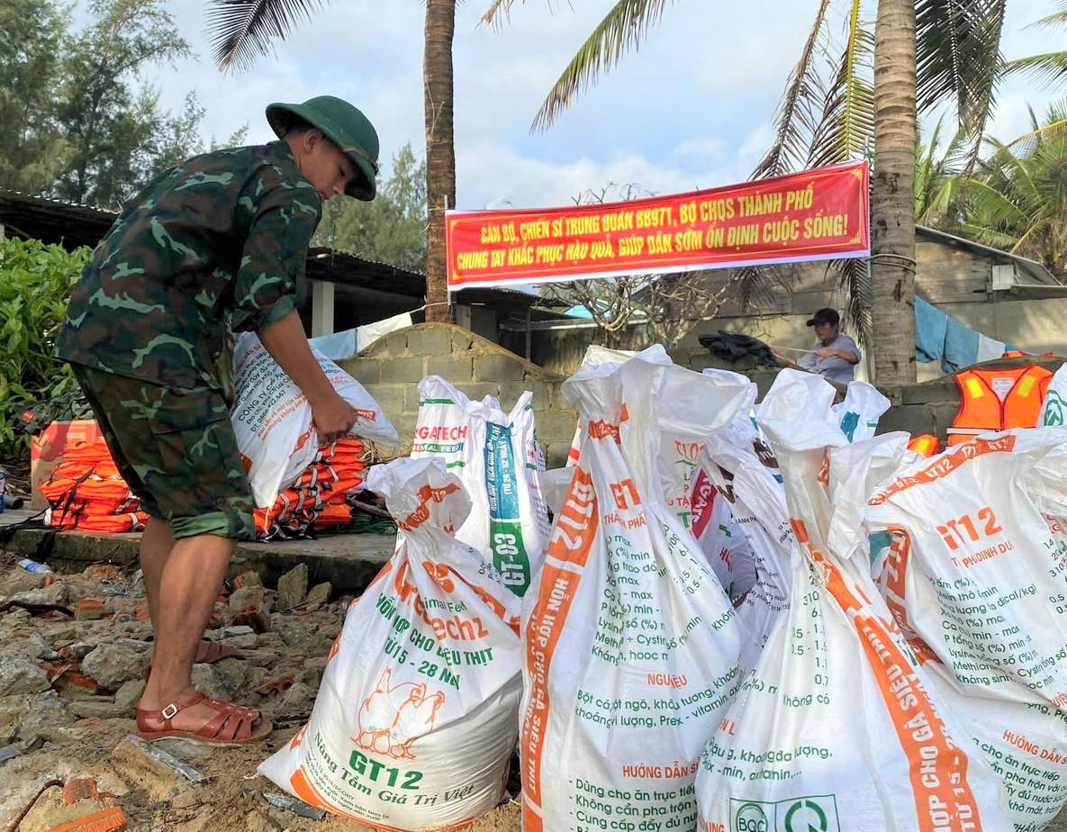 Bờ biển An Bàng được gấp rút thực hiện trước khi bão số 13 đổ bộ vào đất liền. Ảnh: CV.