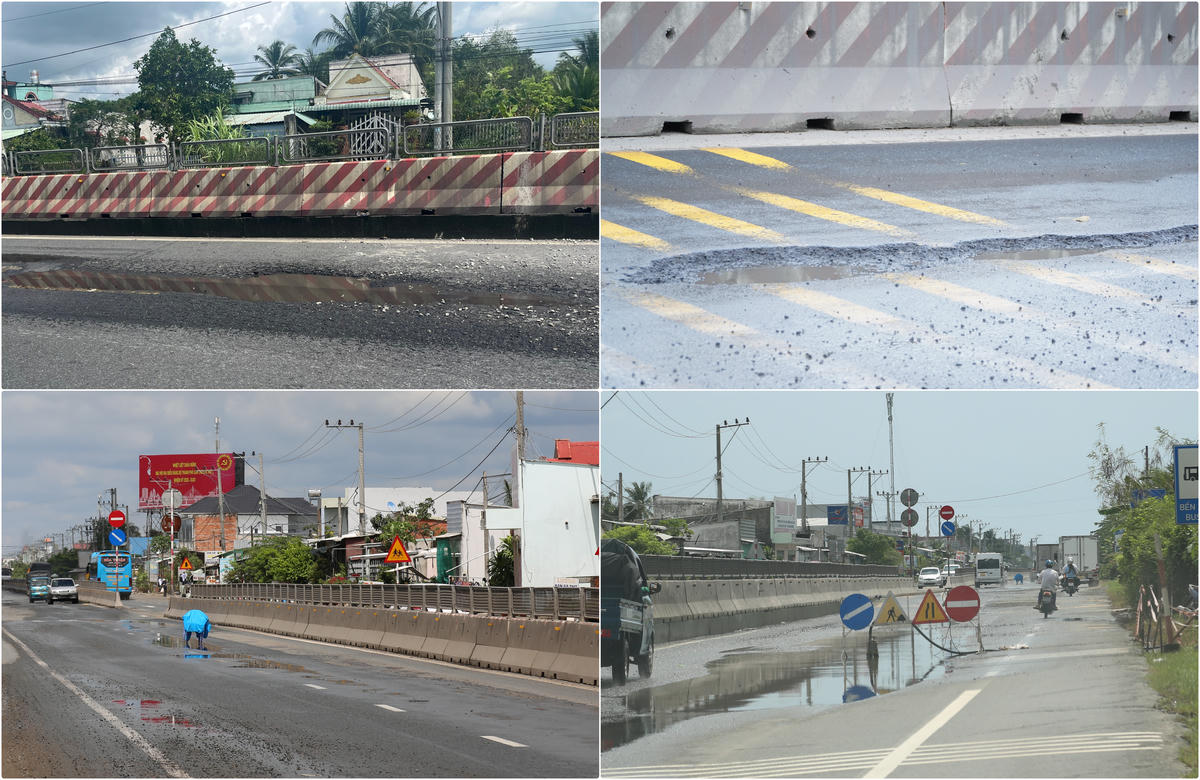 QL1A đoạn phường Ngã Bảy đến Cầu Ba Rinh, xã Đại Hải, TP Cần Thơ lún bên phải tuyến và có nhiều ổ gà. Ảnh: Thanh Tiến.