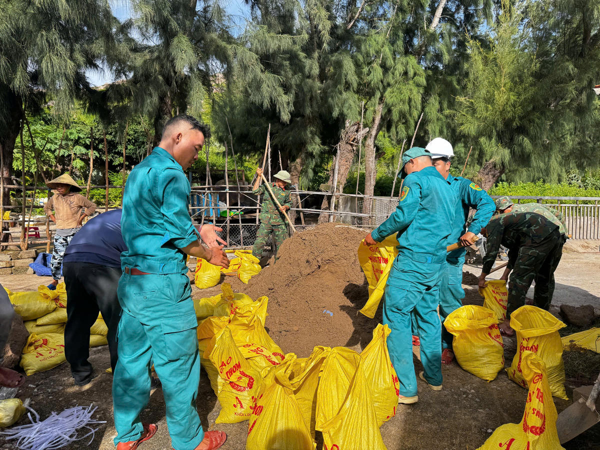 Lực lượng dân quân cùng người dân Gia Lai khẩn trương vận chuyển bao cát gia cố nhà cửa. Ảnh: C.Đại.