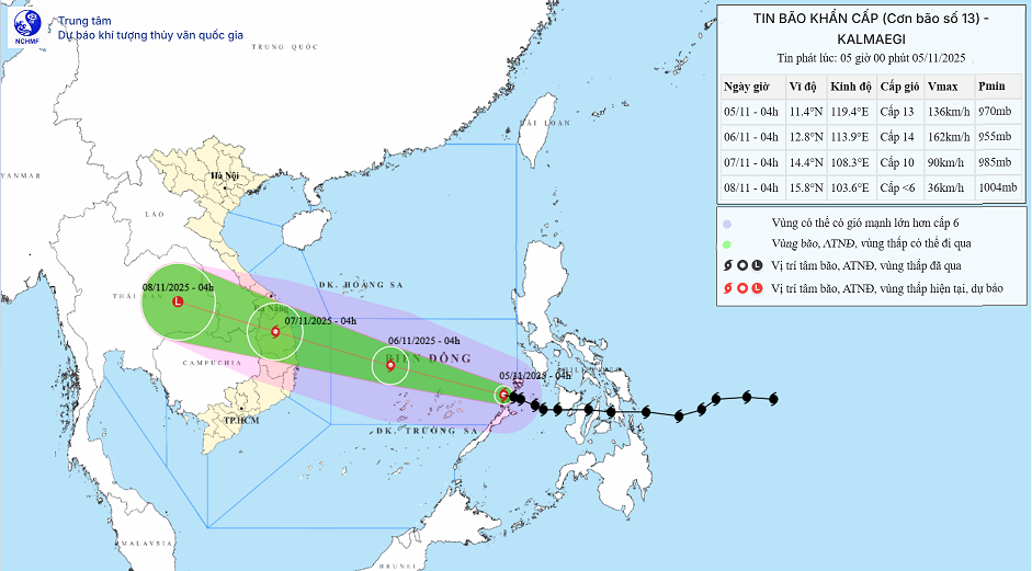 Bão số 13 dự kiến ảnh hưởng trực tiếp đến đất liền khu vực từ Nam Quảng Trị - Đắk Lắk. Ảnh: KTTV