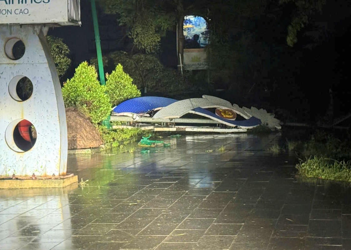 Những biển hiệu quảng cáo gió thôi bay nằm dưới mặt đất. Ảnh: Đinh Sang.