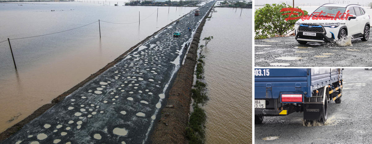 Nhiều phương tiện buộc phải giảm tốc độ, lách sang phần đường còn lại, các xe tải, xe ô tô con phải dừng chờ để tránh va chạm. Ảnh: Cẩm Kỳ&nbsp;