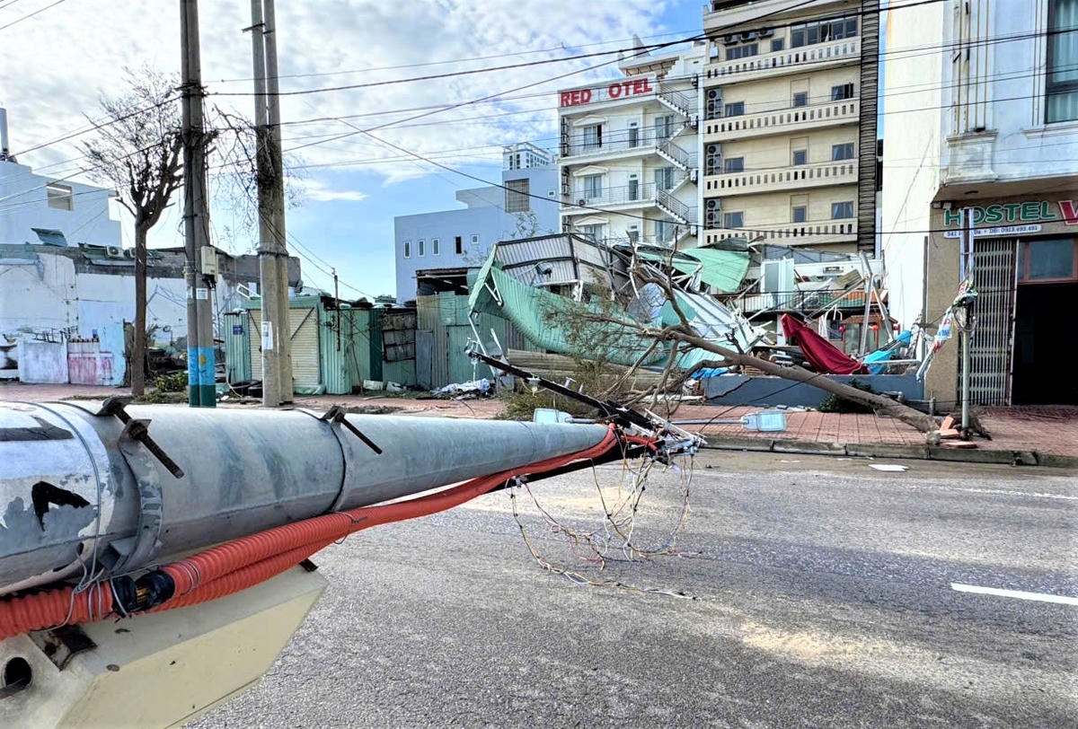 Nhiều trụ điện, cây cối ngã đổ ở phường Quy Nhơn, tỉnh Gia Lai. Ảnh Đình Sang