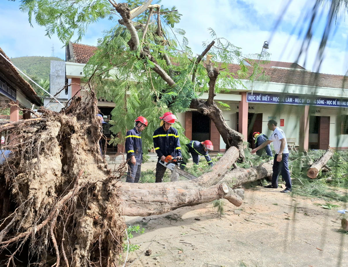 Lực lượng Công an cắt dọn cây đổ. Ảnh: SĐ.